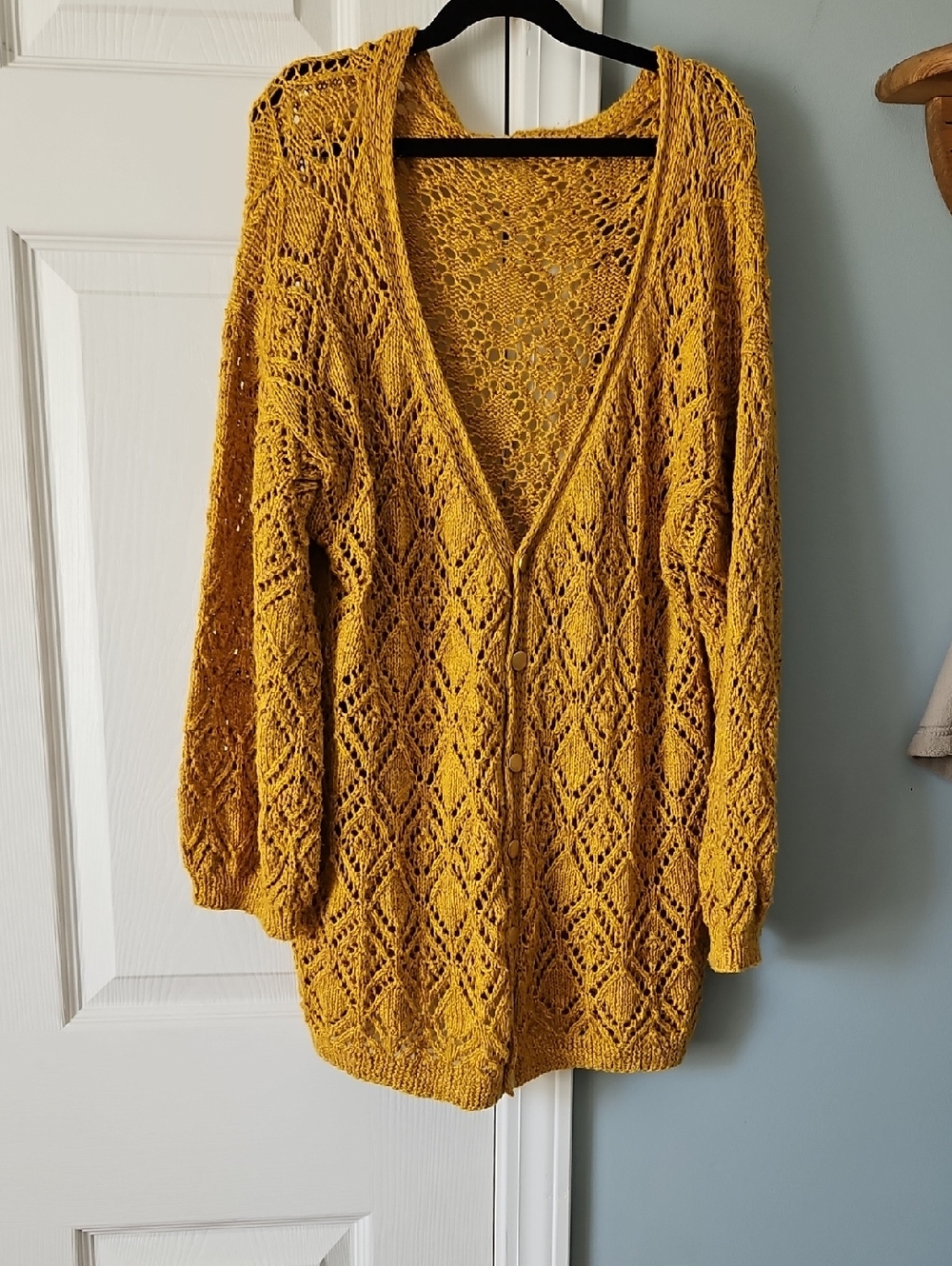 Openwork V-Neck Button Cardigan Sweater in Mustard